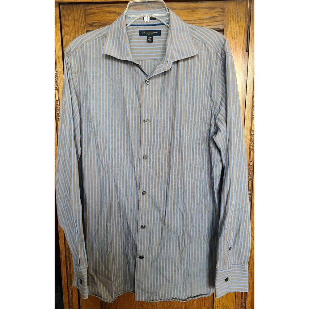 Banana Republic Slim Fit Shirt Mens Large Blue Gray Striped Italian Cotton L/S